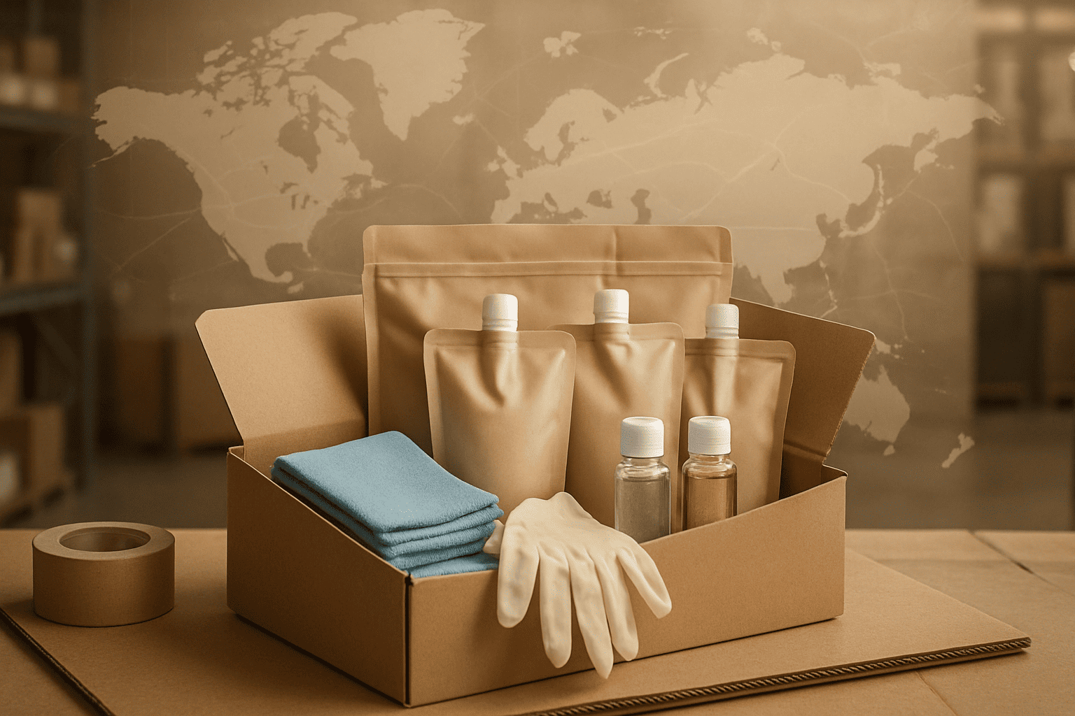 Subscription delivery box with cleaning consumables and a subtle world map overlay suggesting global supply chain resilience