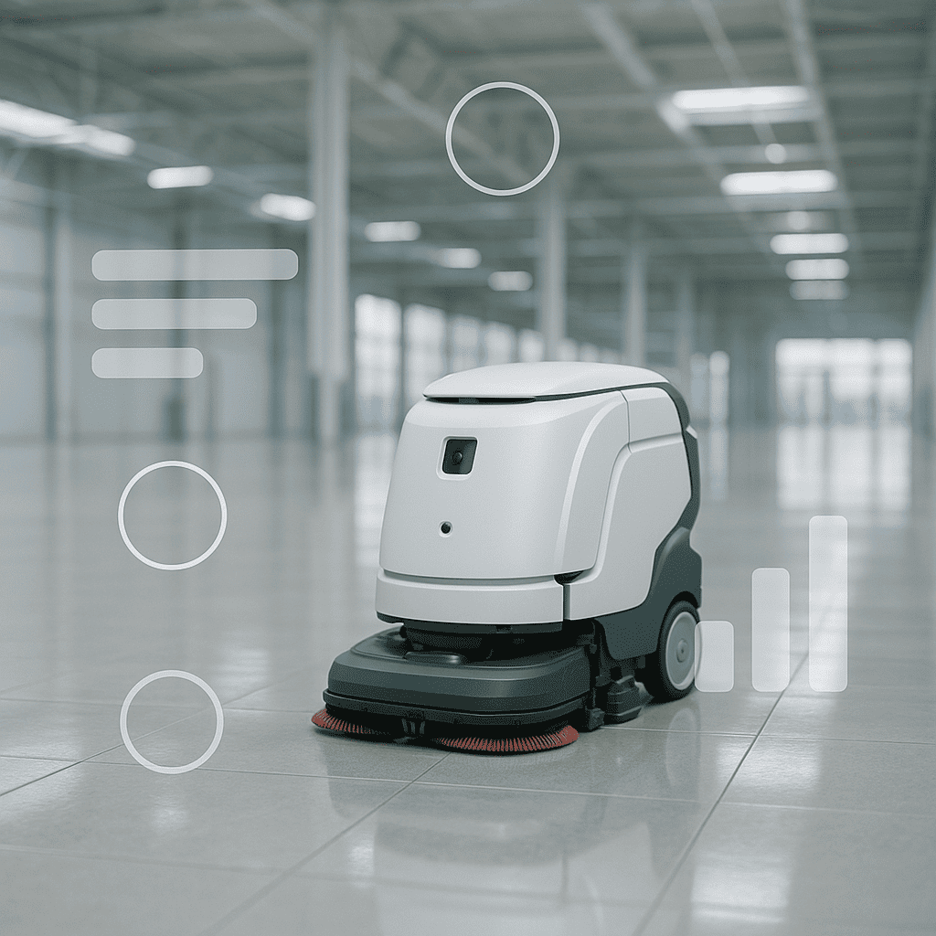 Smart floor-cleaning robot with subtle analytics overlays suggesting automation and operations efficiency