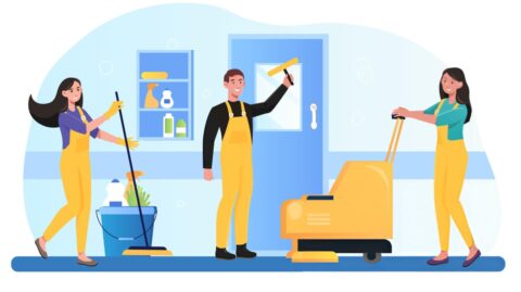 Cleaning manager training a team with SOP checklist, PPE, and cleaning tools in a modern facility